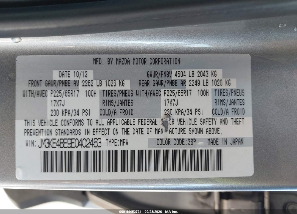 2014 MAZDA CX-5 SPORT VIN: JM3KE4BE9E0402463