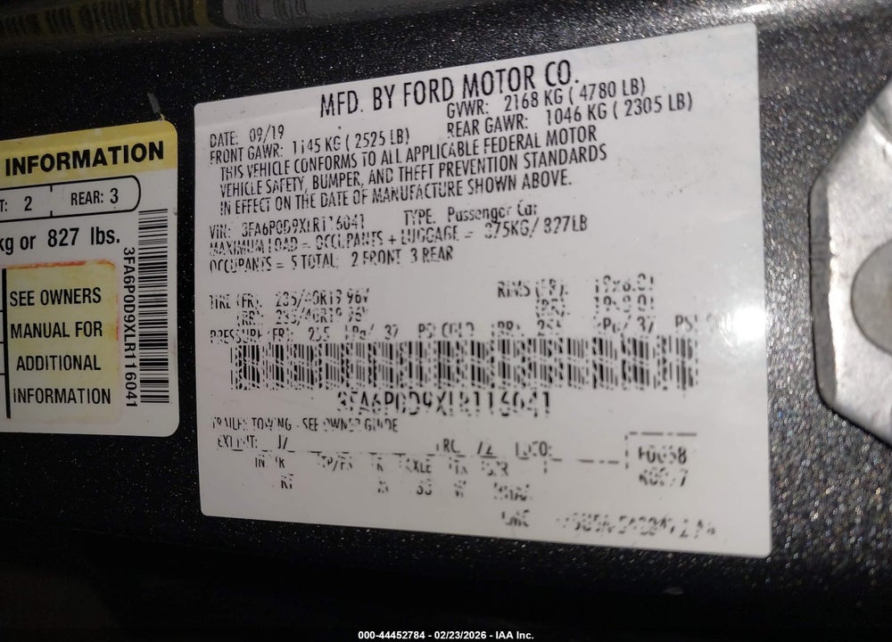 2020 FORD FUSION TITANIUM VIN: 3FA6P0D9XLR116041