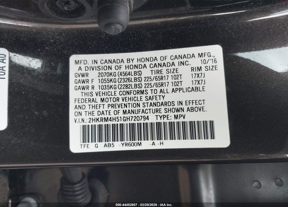 2016 HONDA CR-V EX VIN: 2HKRM4H51GH720794
