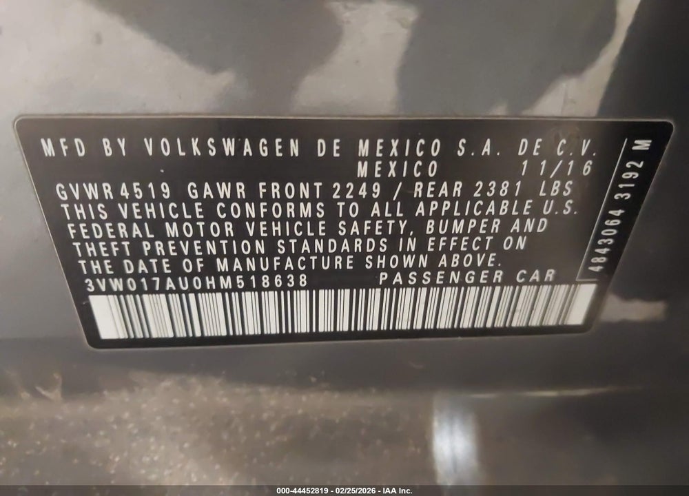 2017 VOLKSWAGEN GOLF SPORTWAGEN TSI S VIN: 3VW017AU0HM518638