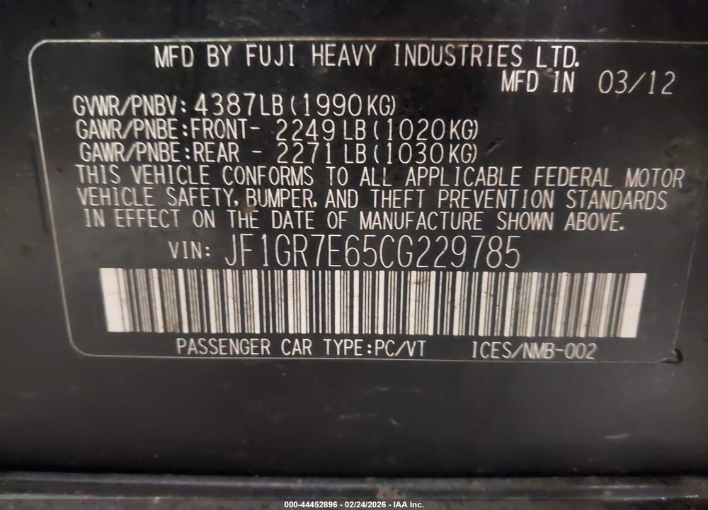 2012 SUBARU IMPREZA WRX VIN: JF1GR7E65CG229785