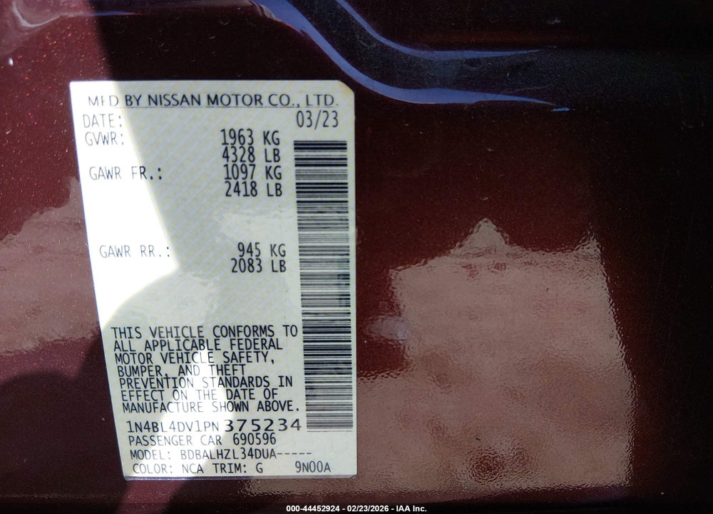 2023 NISSAN ALTIMA SV FWD VIN: 1N4BL4DV1PN375234