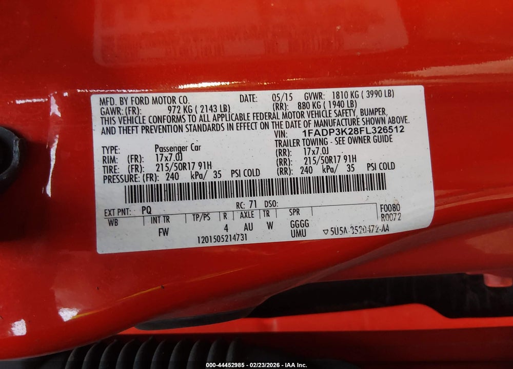 2015 FORD FOCUS SE VIN: 1FADP3K28FL326512