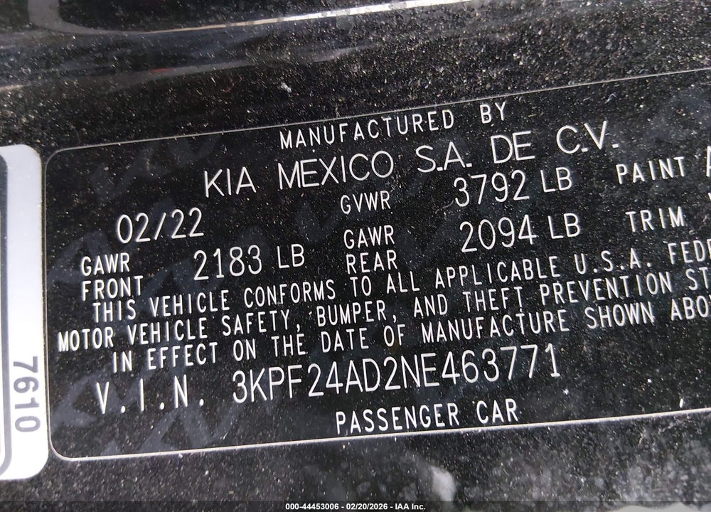 2022 KIA FORTE LXS VIN: 3KPF24AD2NE463771