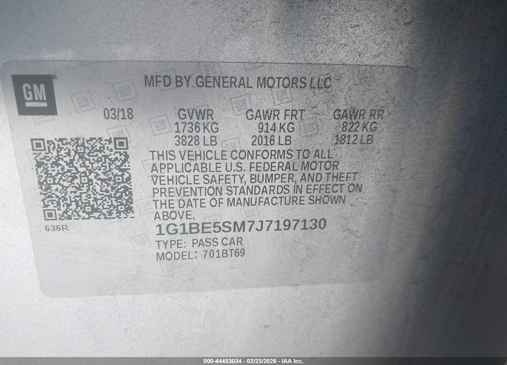 2018 CHEVROLET CRUZE LT AUTO VIN: 1G1BE5SM7J7197130
