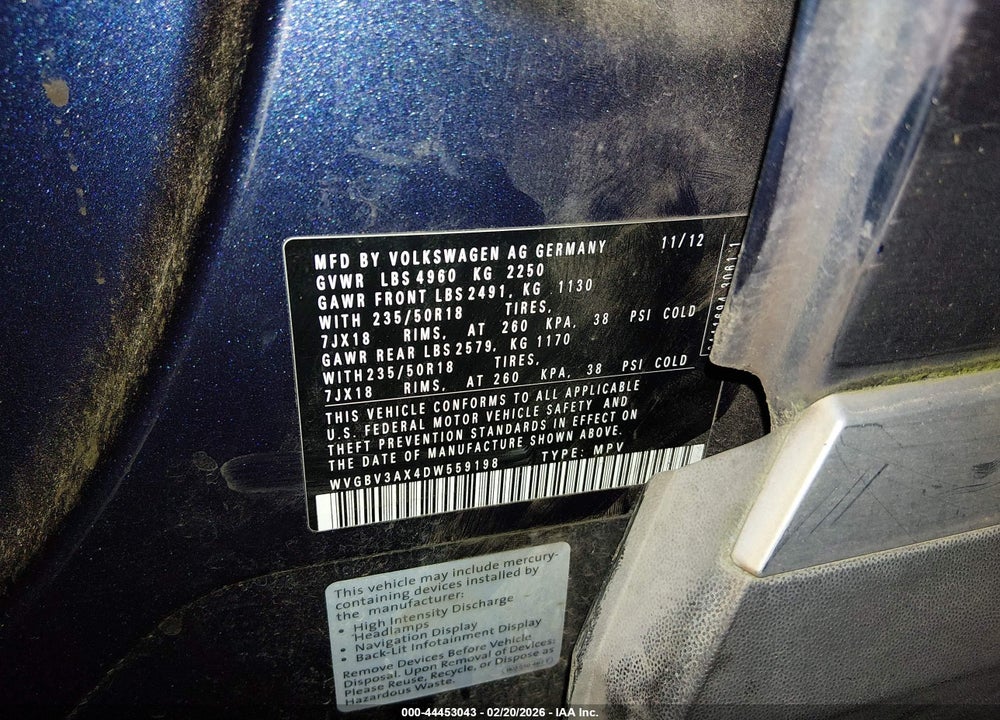 2013 VOLKSWAGEN TIGUAN SE VIN: WVGBV3AX4DW559198