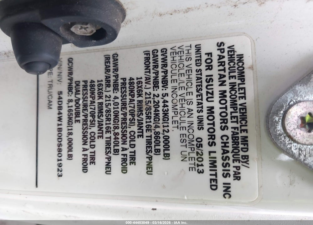 2013 ISUZU NPR GAS REG VIN: 54DB4W1B0DS801923