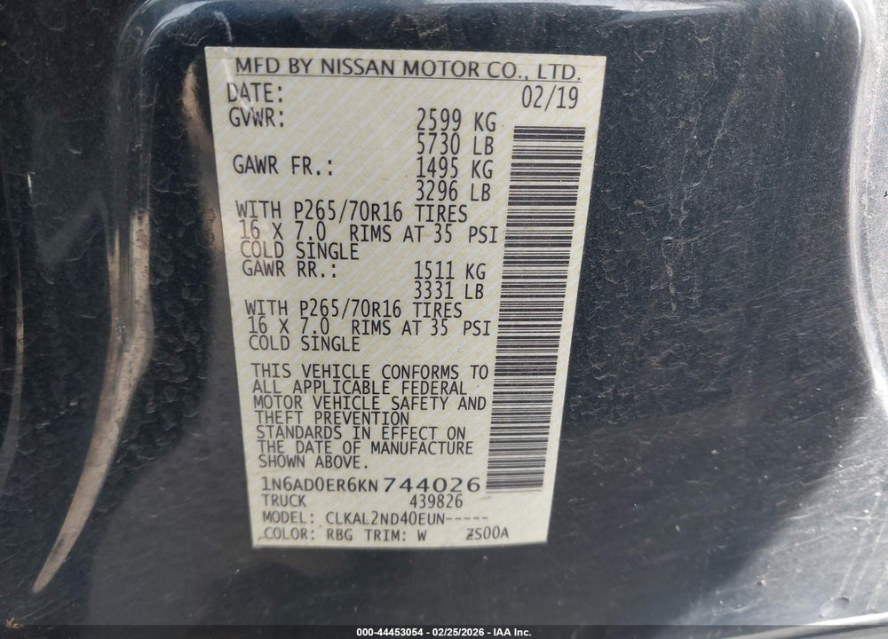 2019 NISSAN FRONTIER SV VIN: 1N6AD0ER6KN744026