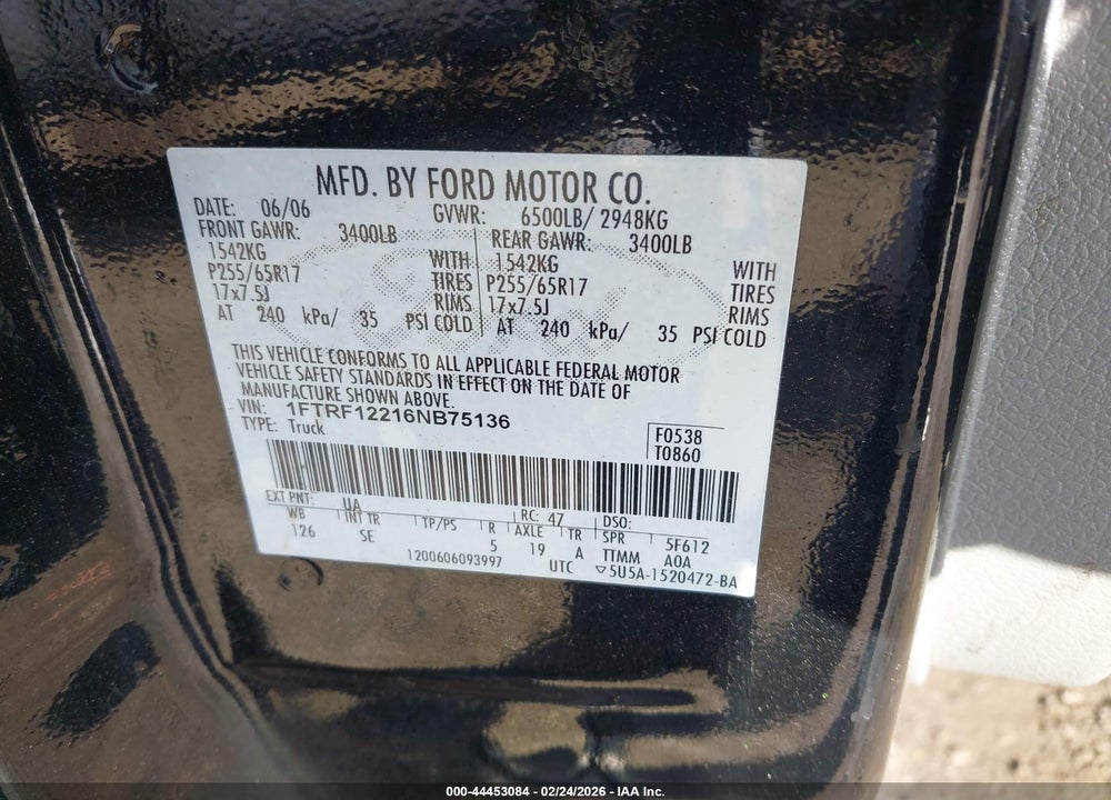 2006 FORD F-150 STX/XL/XLT VIN: 1FTRF12216NB75136