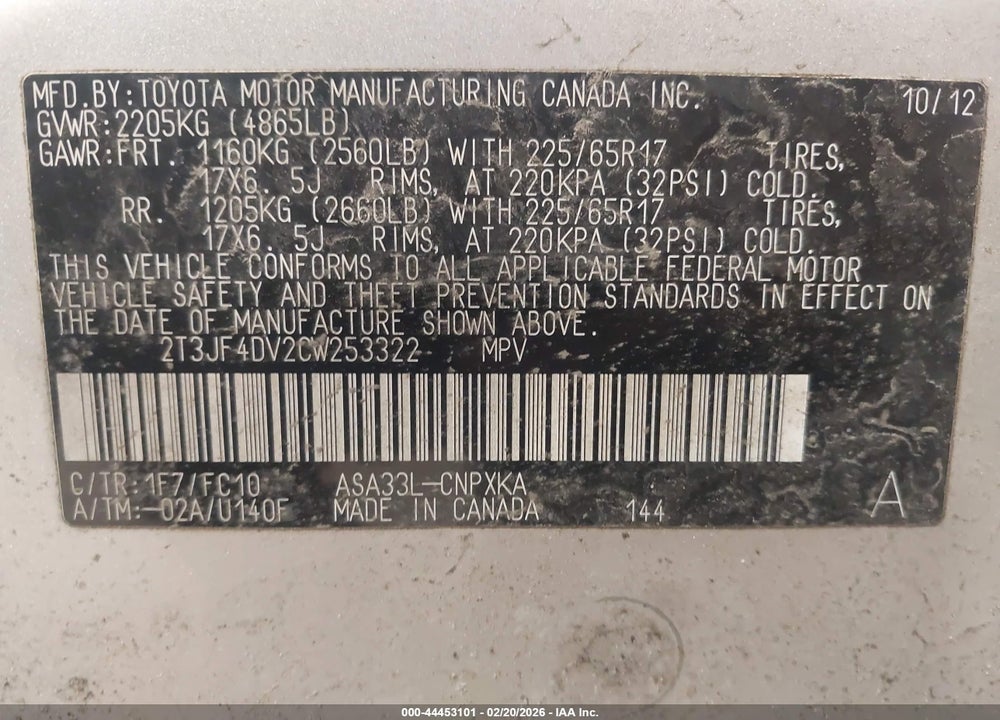 2012 TOYOTA RAV4 VIN: 2T3JF4DV2CW253322