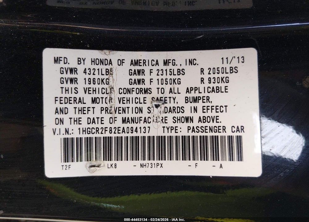 2014 HONDA ACCORD EX-L VIN: 1HGCR2F82EA094137