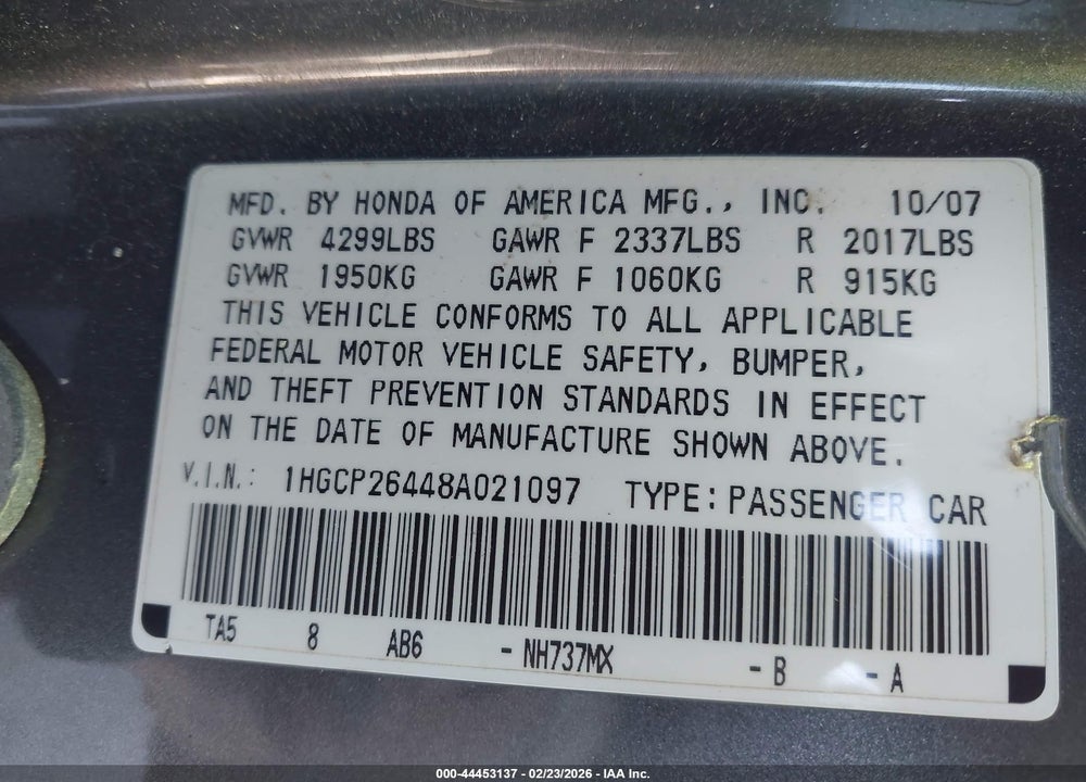 2008 HONDA ACCORD 2.4 LX-P VIN: 1HGCP26448A021097