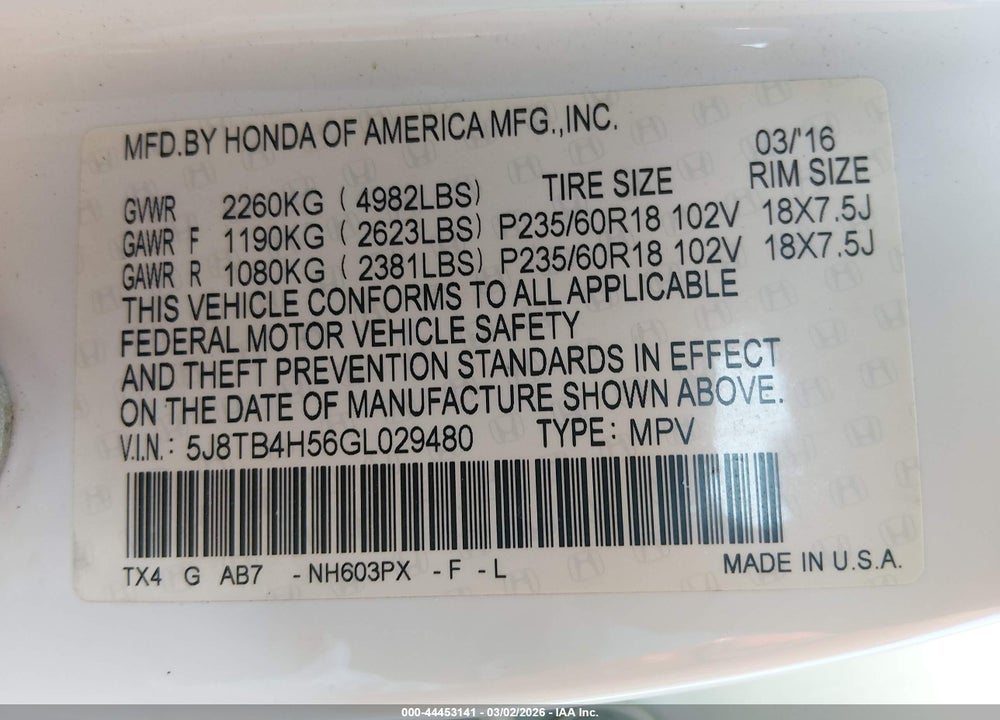 2016 ACURA RDX TECHNOLOGY   WATCH PLUS PACKAGES/TECHNOLOGY PACKAGE VIN: 5J8TB4H56GL029480