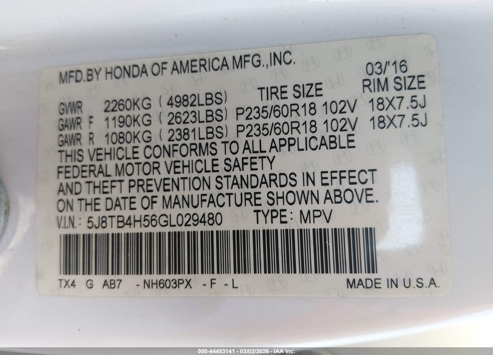 2016 ACURA RDX TECHNOLOGY   WATCH PLUS PACKAGES/TECHNOLOGY PACKAGE VIN: 5J8TB4H56GL029480