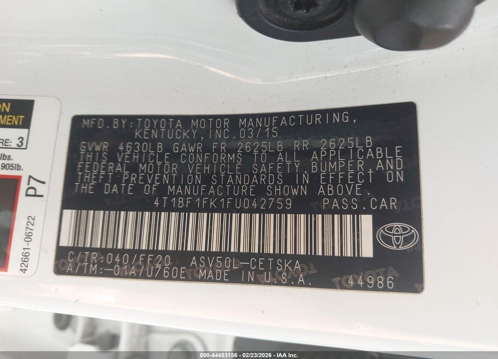 2015 TOYOTA CAMRY SE VIN: 4T1BF1FK1FU042759