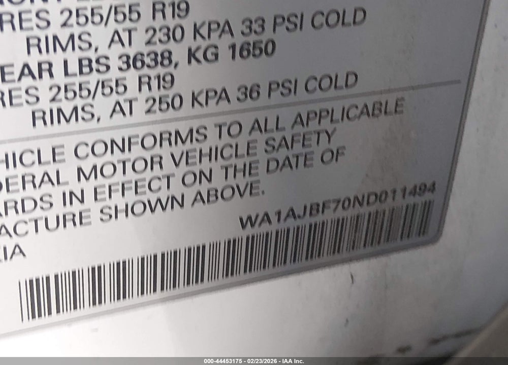2022 AUDI Q7 PREMIUM 45 TFSI QUATTRO TIPTRONIC VIN: WA1AJBF70ND011494