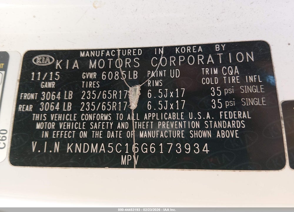 2016 KIA SEDONA L VIN: KNDMA5C16G6173934