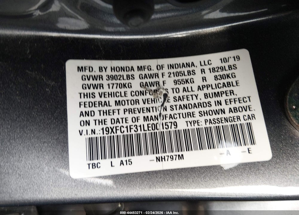 2020 HONDA CIVIC EX VIN: 19XFC1F31LE001579