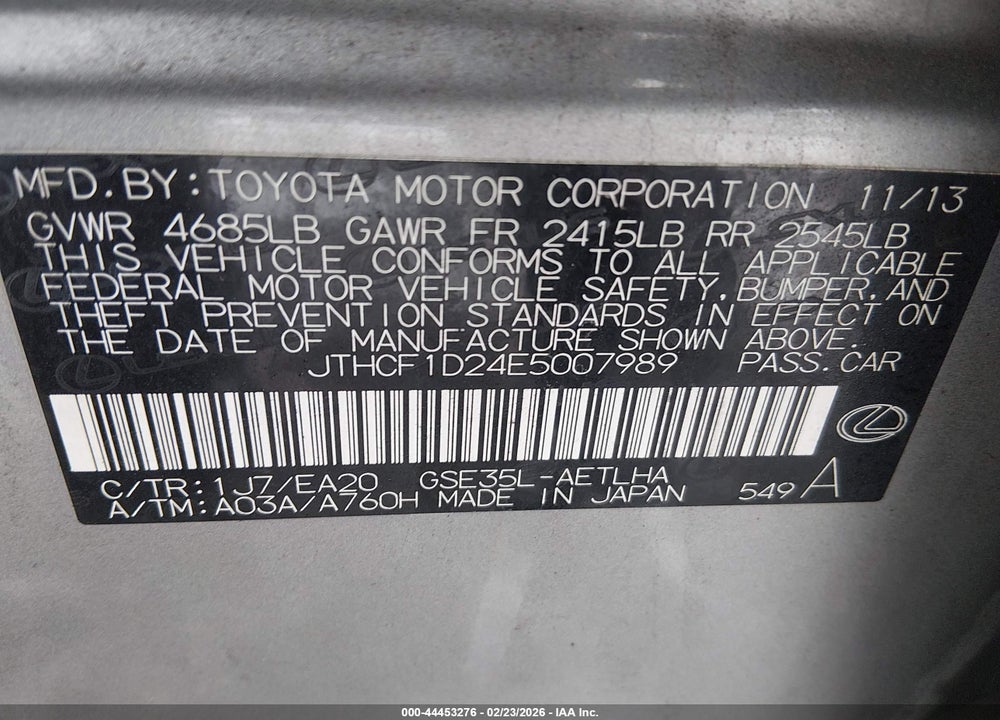 2014 LEXUS IS 250 VIN: JTHCF1D24E5007989