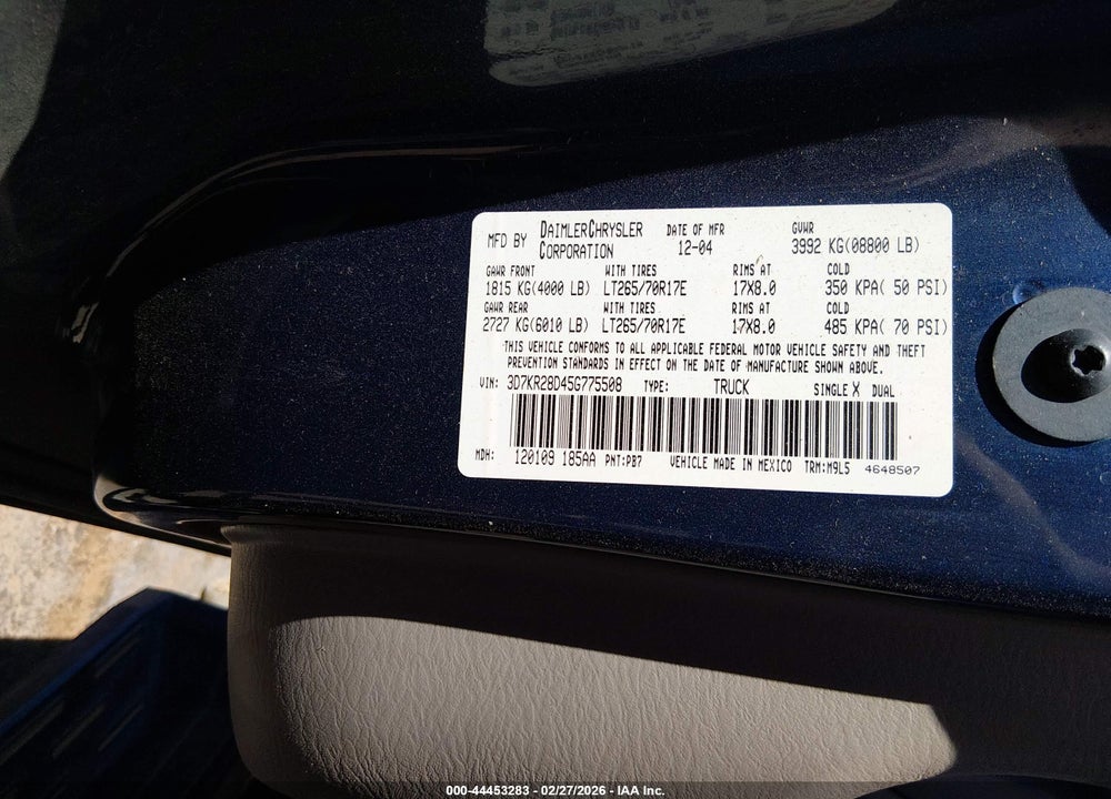2005 DODGE RAM 2500 SLT/LARAMIE VIN: 3D7KR28D45G775508