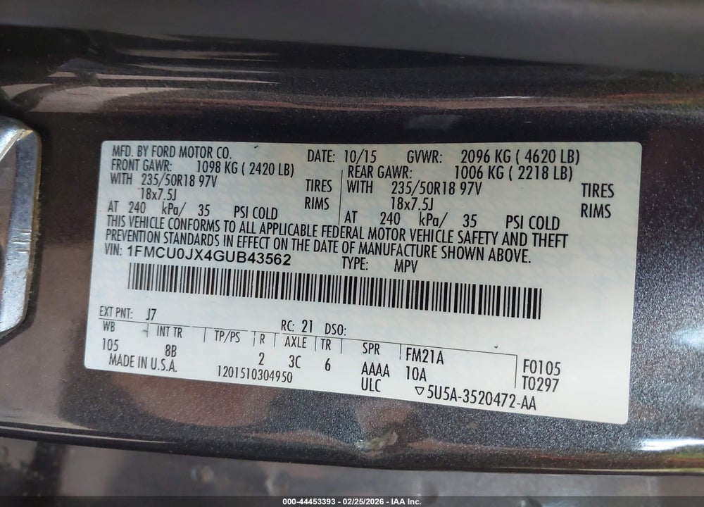 2016 FORD ESCAPE TITANIUM VIN: 1FMCU0JX4GUB43562