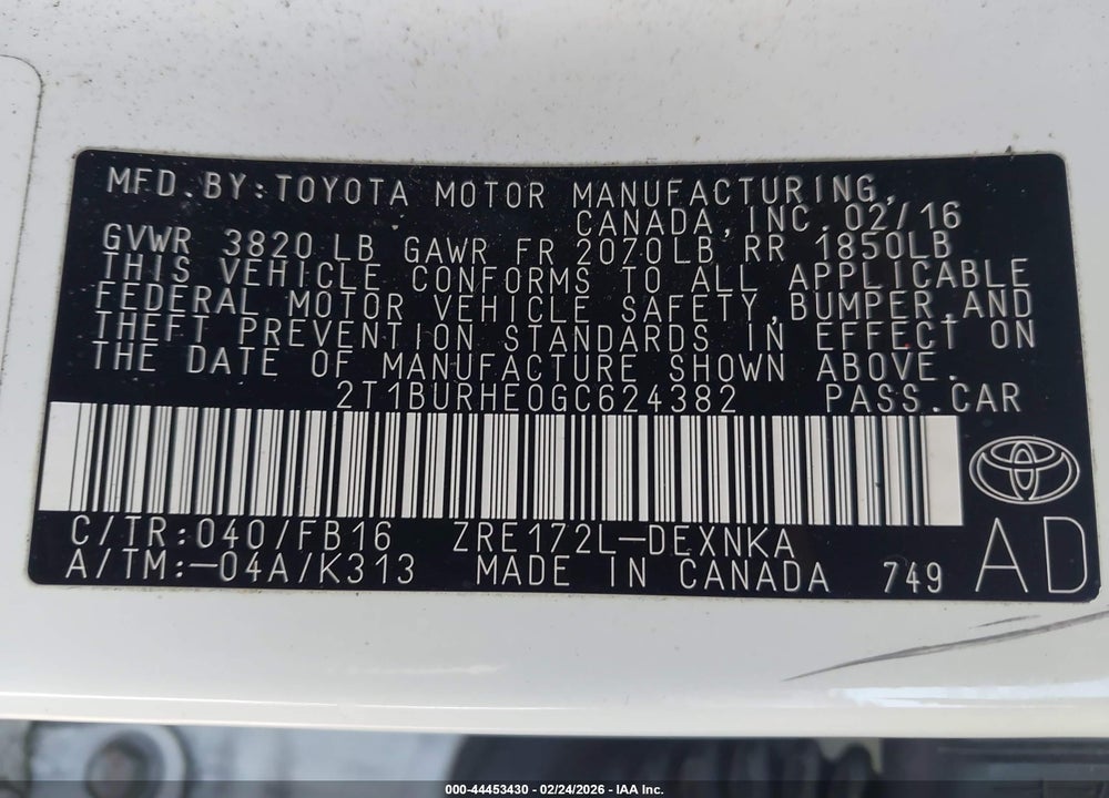 2016 TOYOTA COROLLA LE VIN: 2T1BURHE0GC624382