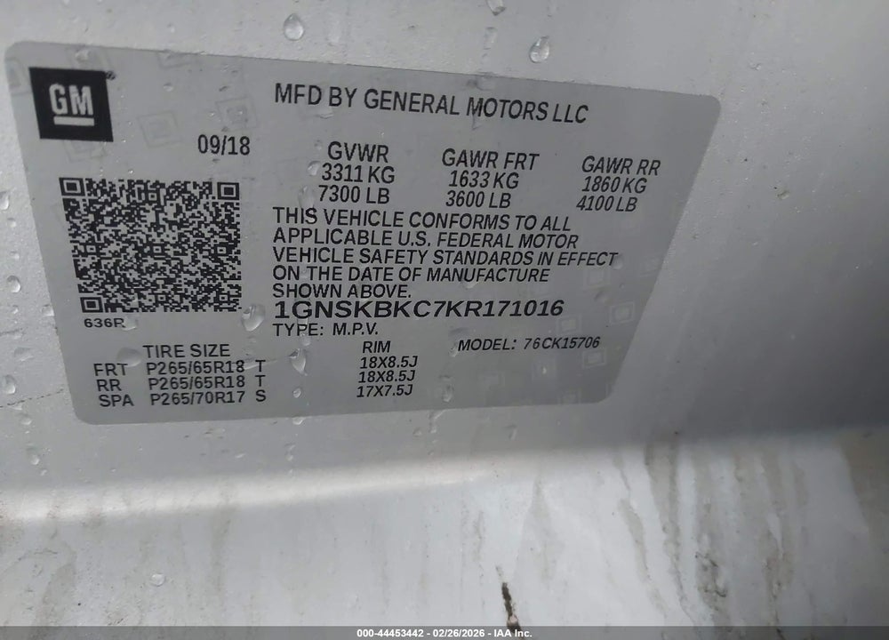 2019 CHEVROLET TAHOE LT VIN: 1GNSKBKC7KR171016