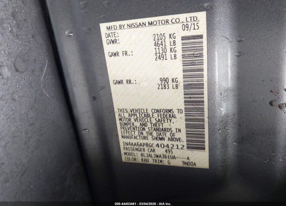 2016 NISSAN MAXIMA 3.5 SV VIN: 1N4AA6AP8GC404212