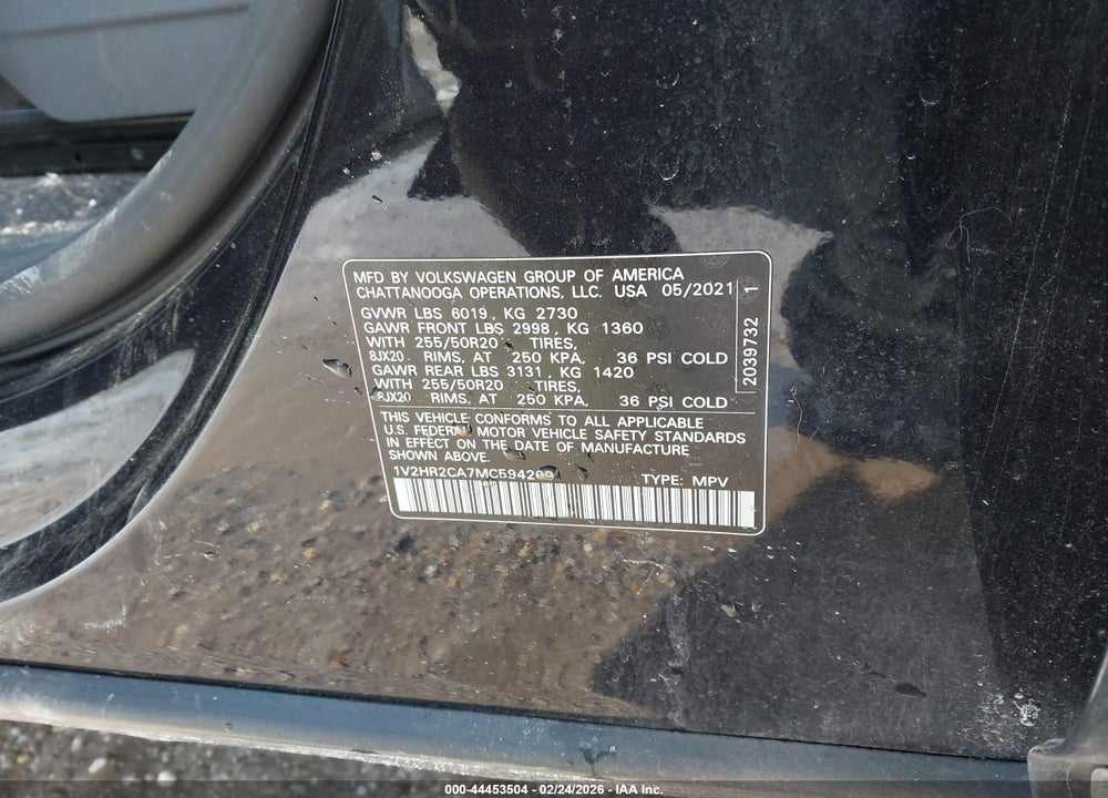 2021 VOLKSWAGEN ATLAS 3.6L V6 SE W/TECHNOLOGY VIN: 1V2HR2CA7MC594209