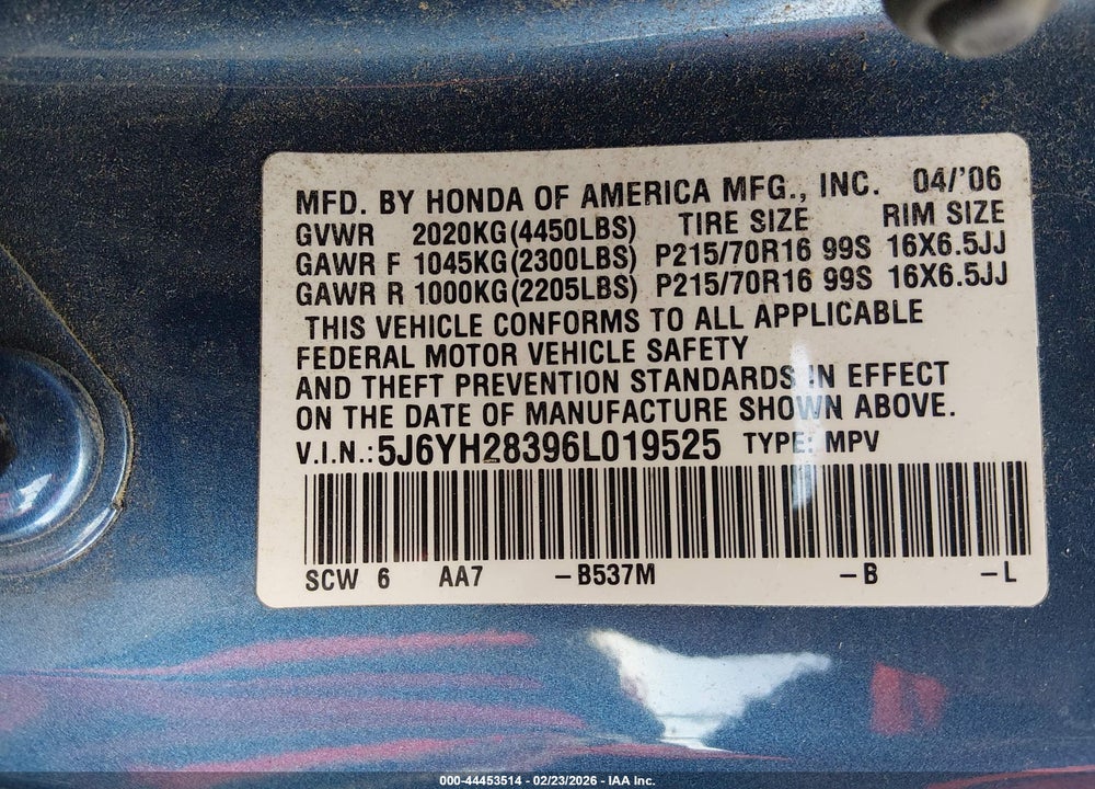 2006 HONDA ELEMENT LX VIN: 5J6YH28396L019525
