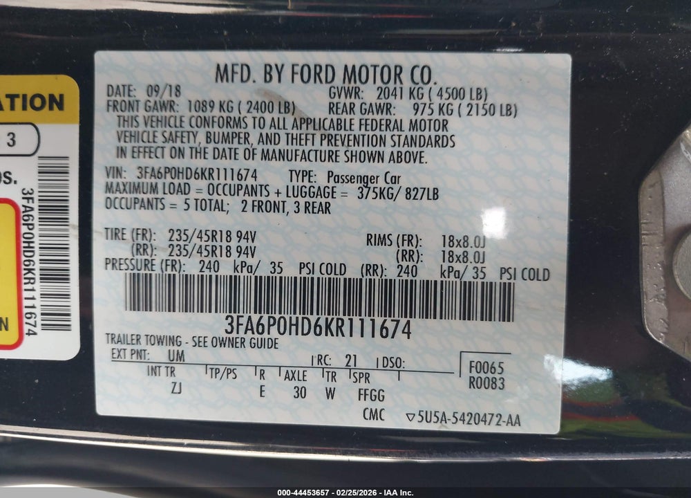 2019 FORD FUSION SE VIN: 3FA6P0HD6KR111674