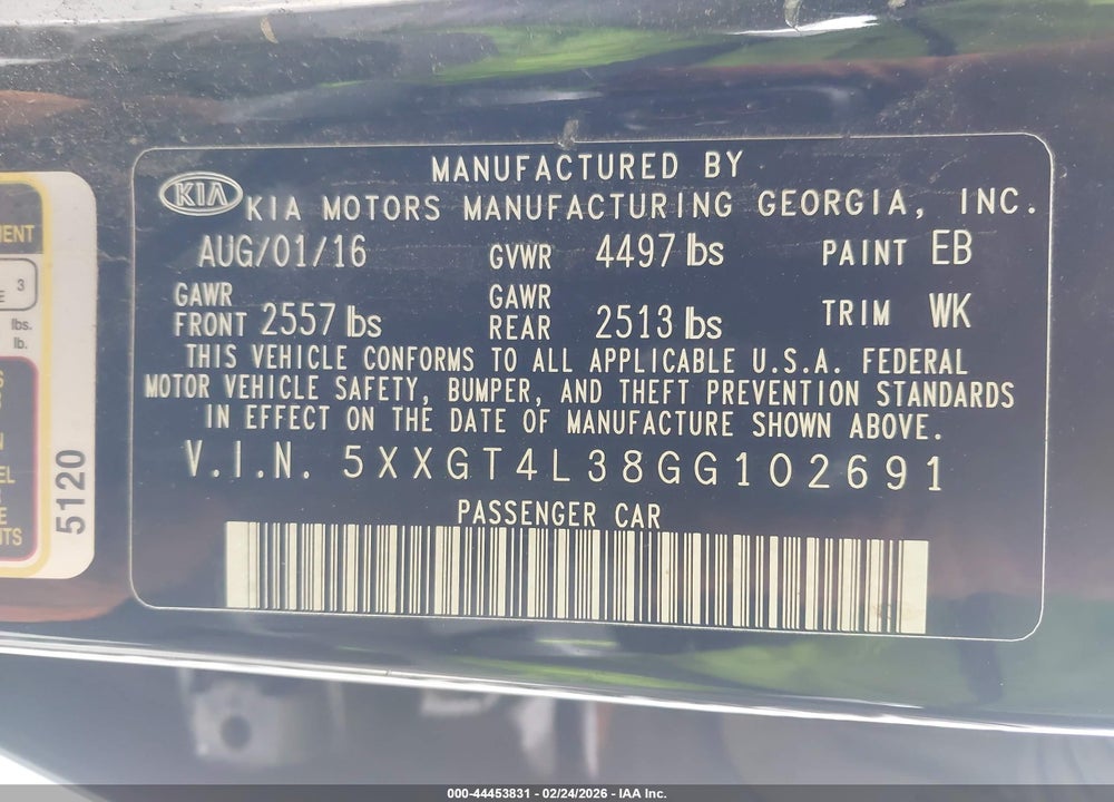 2016 KIA OPTIMA LX VIN: 5XXGT4L38GG102691