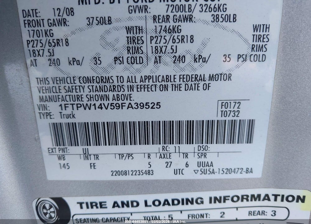 2009 FORD F-150 FX4/KING RANCH/LARIAT/PLATINUM/XL/XLT VIN: 1FTPW14V59FA39525