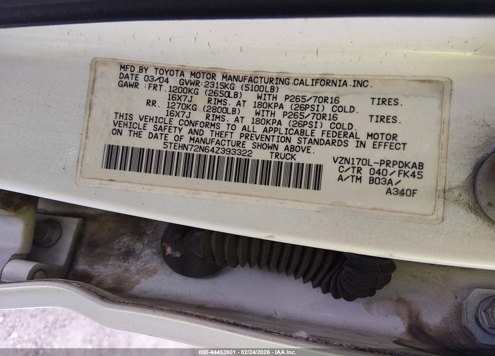 2004 TOYOTA TACOMA BASE V6 VIN: 5TEHN72N64Z393322