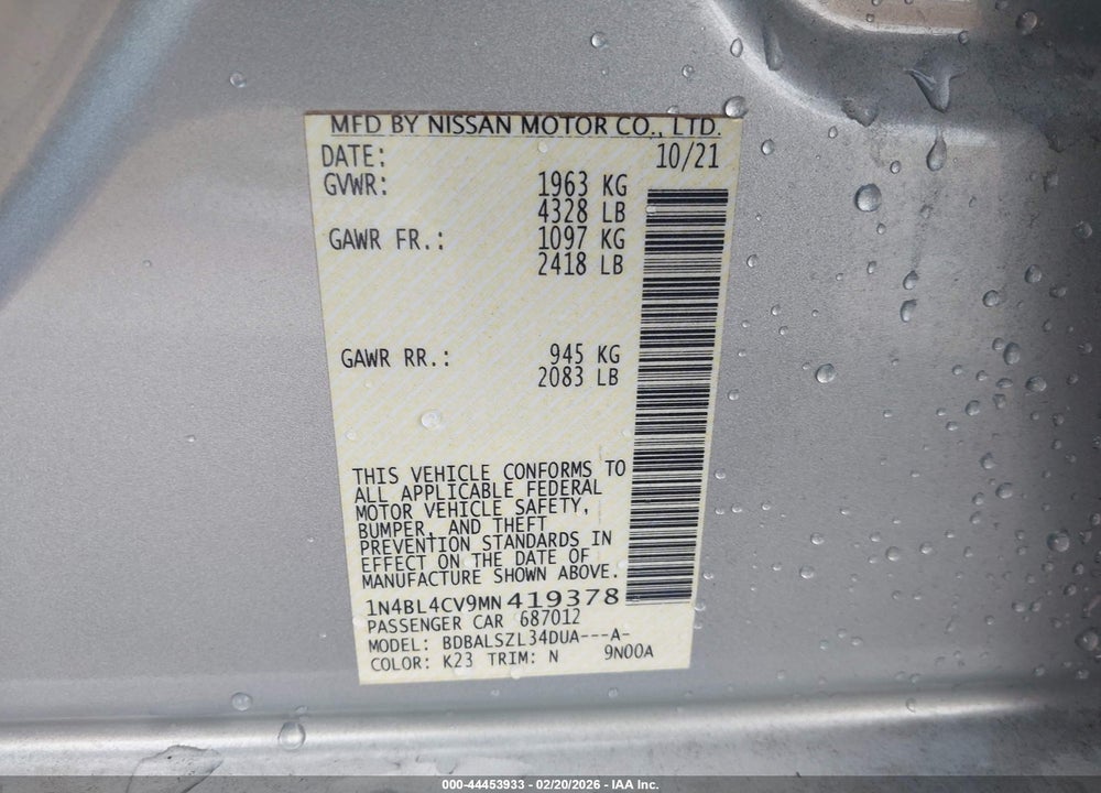 2021 NISSAN ALTIMA SR FWD VIN: 1N4BL4CV9MN419378