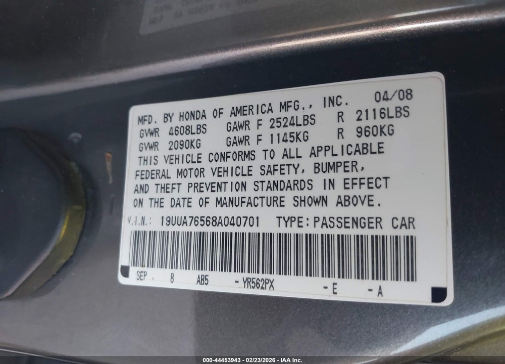2008 ACURA TL VIN: 19UUA76568A040701