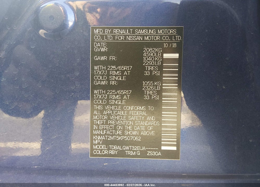 2019 NISSAN ROGUE SV VIN: KNMAT2MT5KP507062