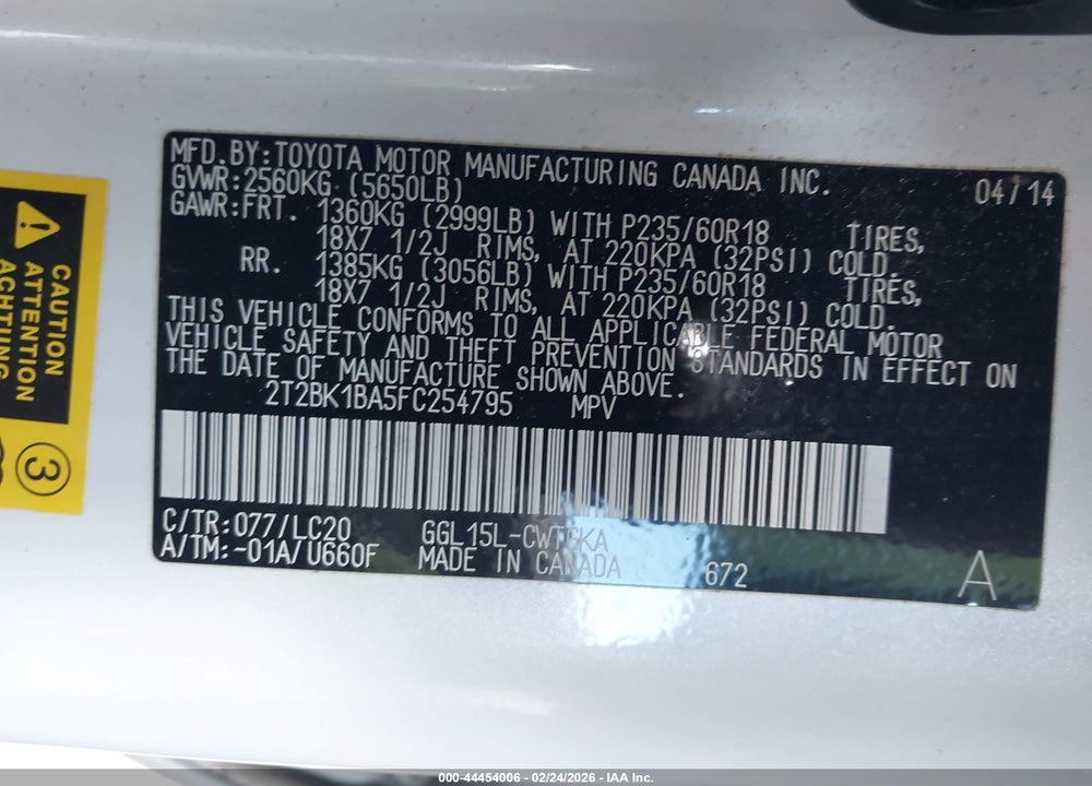 2015 LEXUS RX 350 VIN: 2T2BK1BA5FC254795