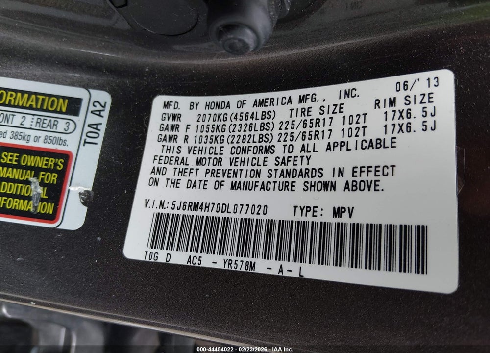 2013 HONDA CR-V EX-L VIN: 5J6RM4H70DL077020
