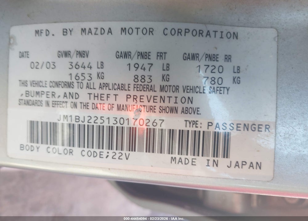 2003 MAZDA PROTEGE DX/ES/LX VIN: JM1BJ225130170267
