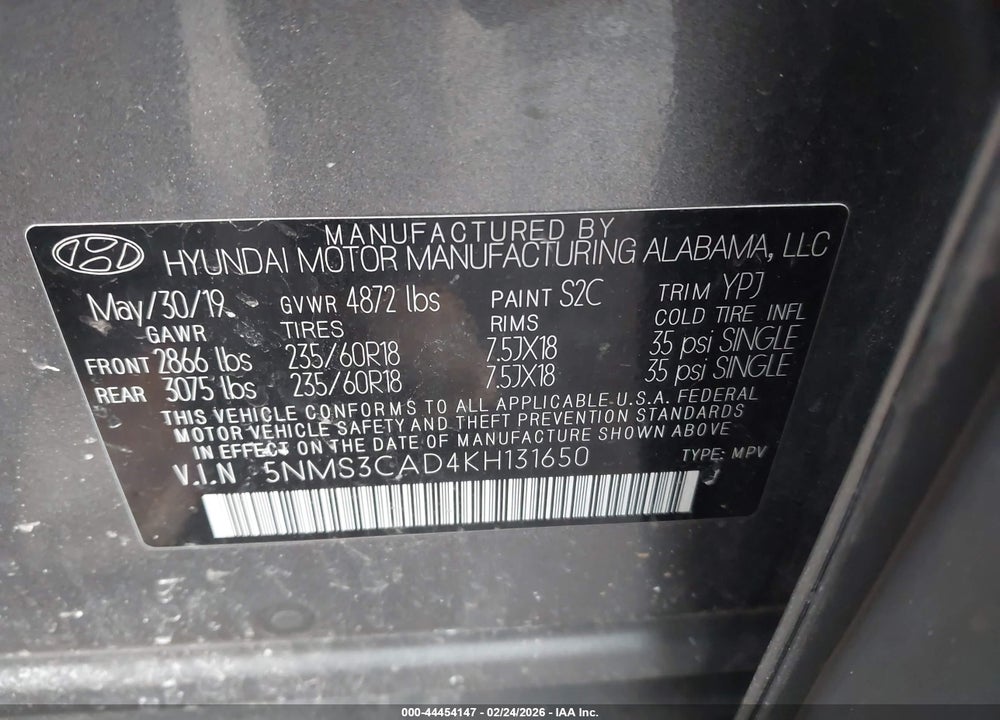 2019 HYUNDAI SANTA FE SEL PLUS VIN: 5NMS3CAD4KH131650