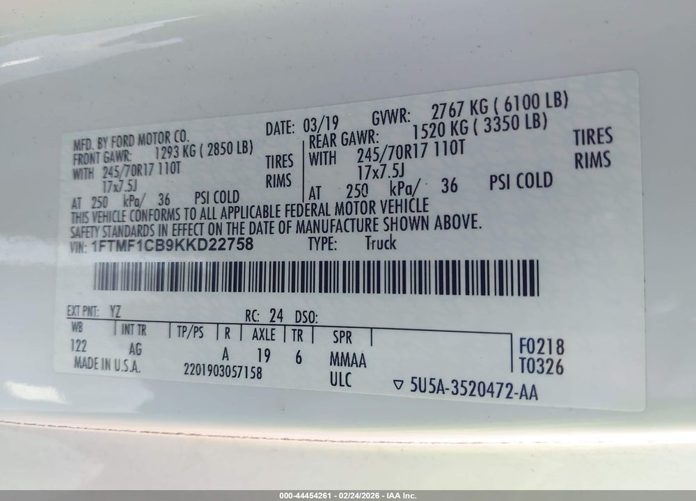 2019 FORD F-150 XL VIN: 1FTMF1CB9KKD22758