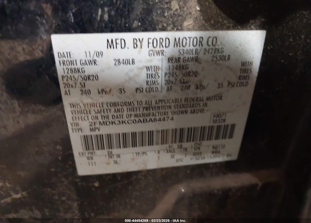 2010 FORD EDGE LIMITED VIN: 2FMDK3KC0ABA64474