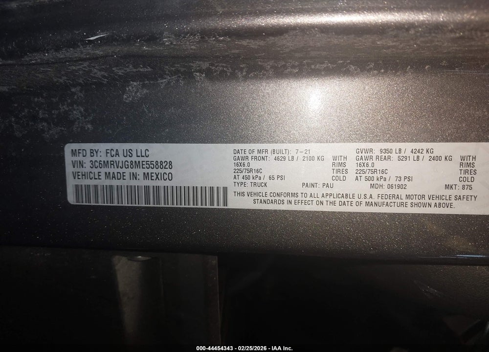 2021 RAM PROMASTER 3500 CARGO VAN HIGH ROOF 159 WB EXT VIN: 3C6MRVJG8ME558828