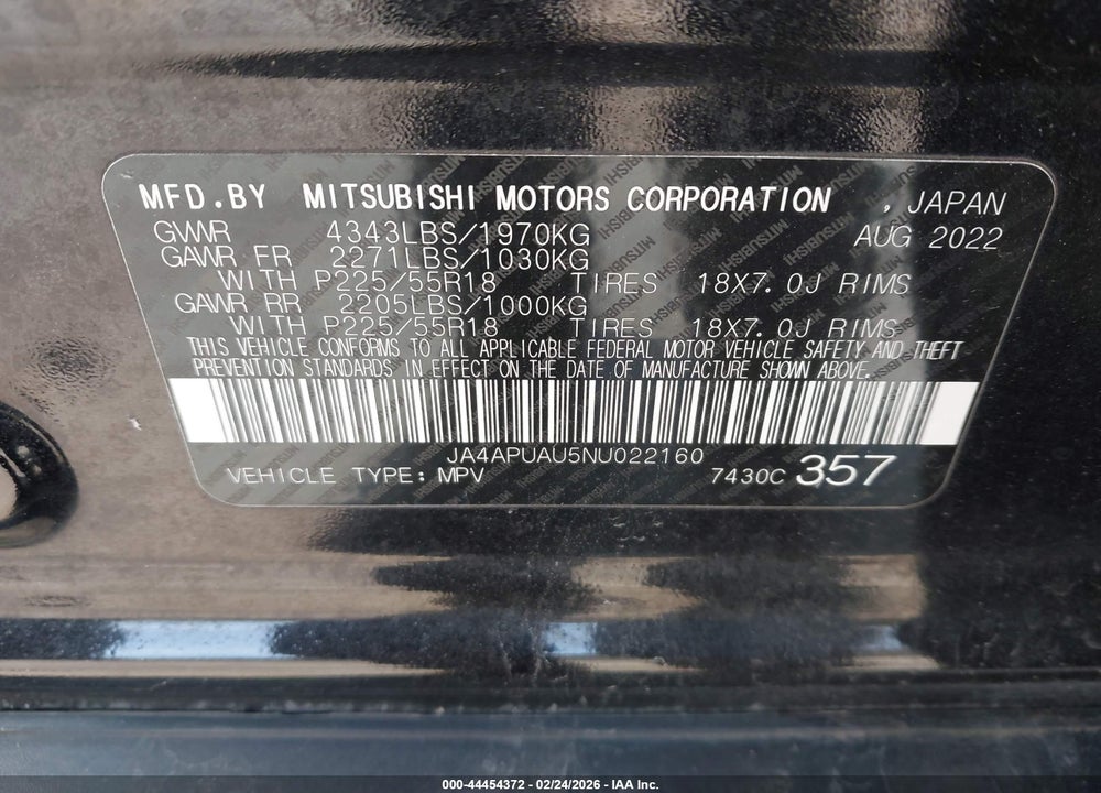 2022 MITSUBISHI OUTLANDER SPORT 2.0 BE 2WD/2.0 ES 2WD/2.0 LE 2WD/2.0 S 2WD VIN: JA4APUAU5NU022160