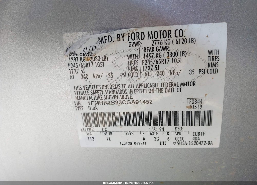2012 FORD EXPLORER VIN: 1FMHK7B93CGA91452