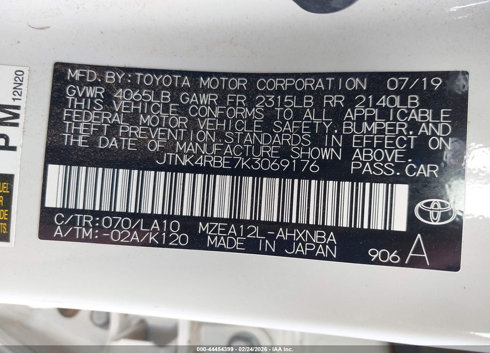 2019 TOYOTA COROLLA XSE VIN: JTNK4RBE7K3069176