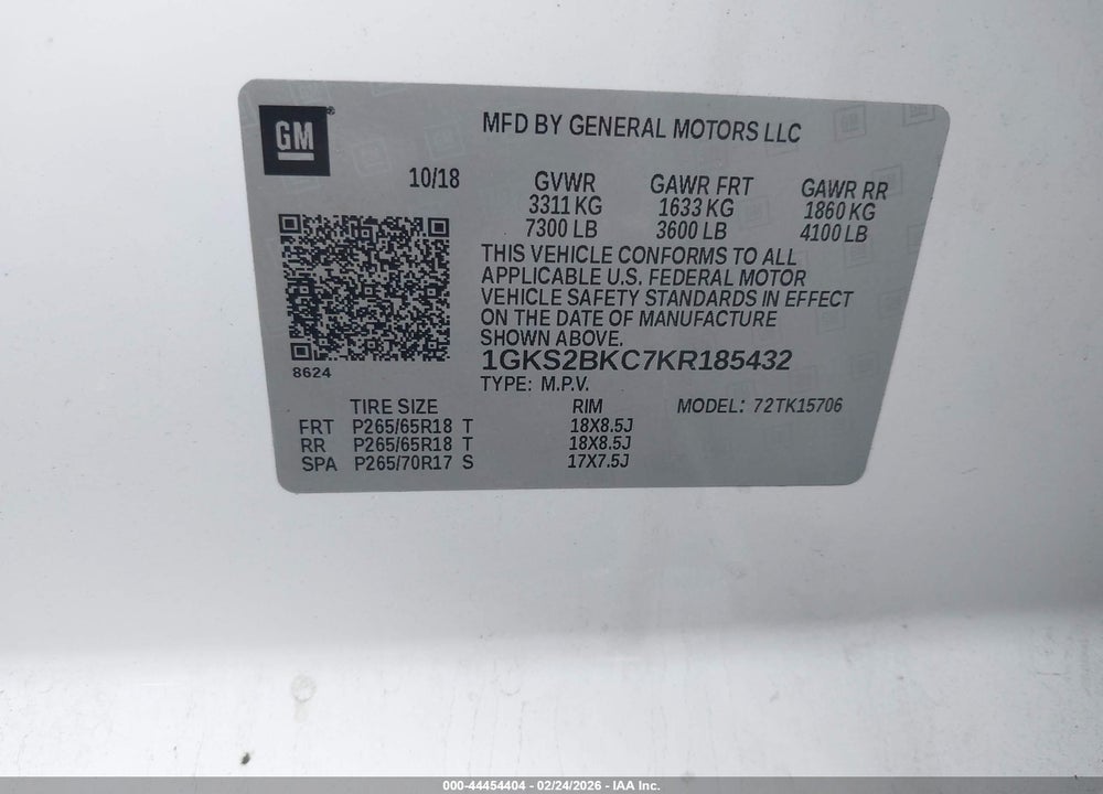 2019 GMC YUKON SLT VIN: 1GKS2BKC7KR185432