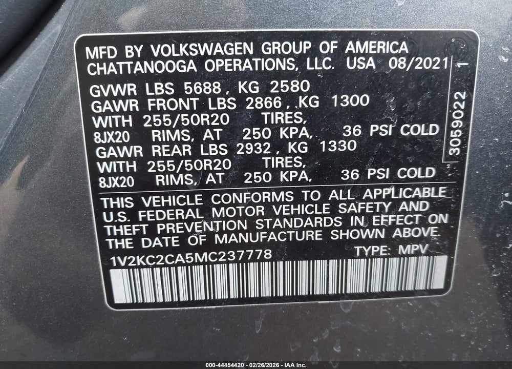 2021 VOLKSWAGEN ATLAS CROSS SPORT 2.0T SE W/TECHNOLOGY VIN: 1V2KC2CA5MC237778