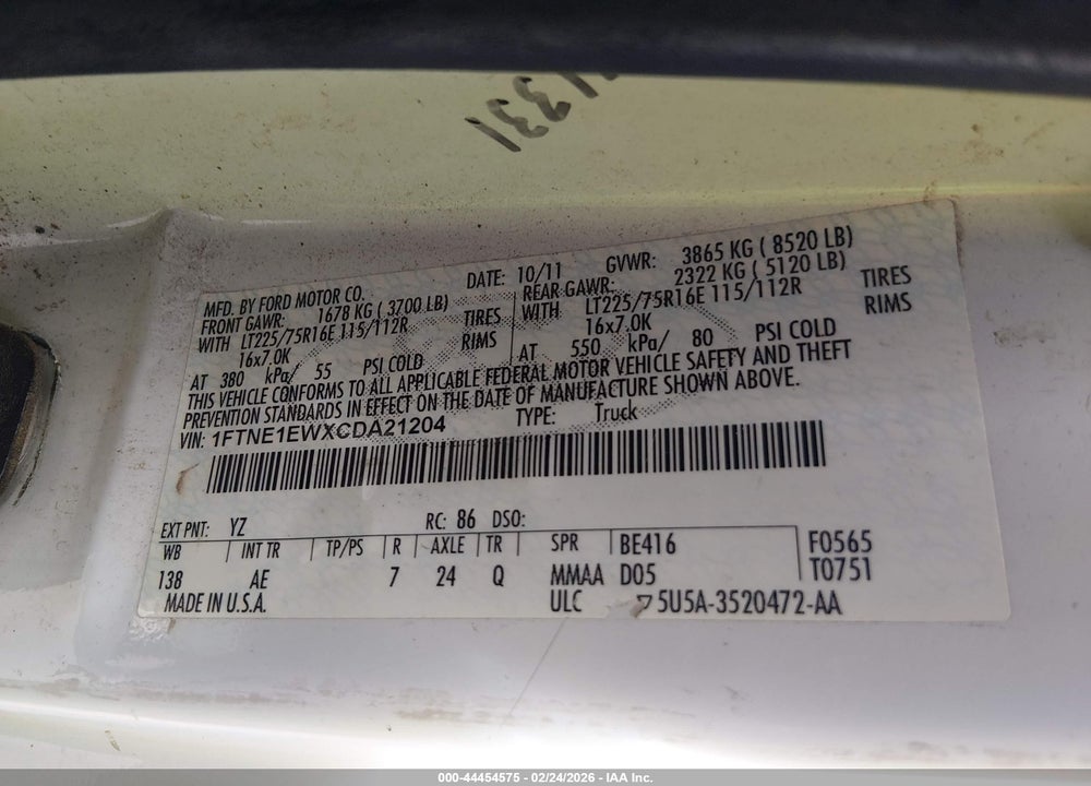 2012 FORD E-150 COMMERCIAL VIN: 1FTNE1EWXCDA21204